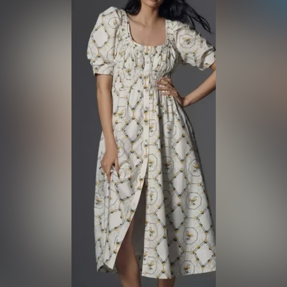 Anthropologie White Floral Midi Dress with Puff Sleeves